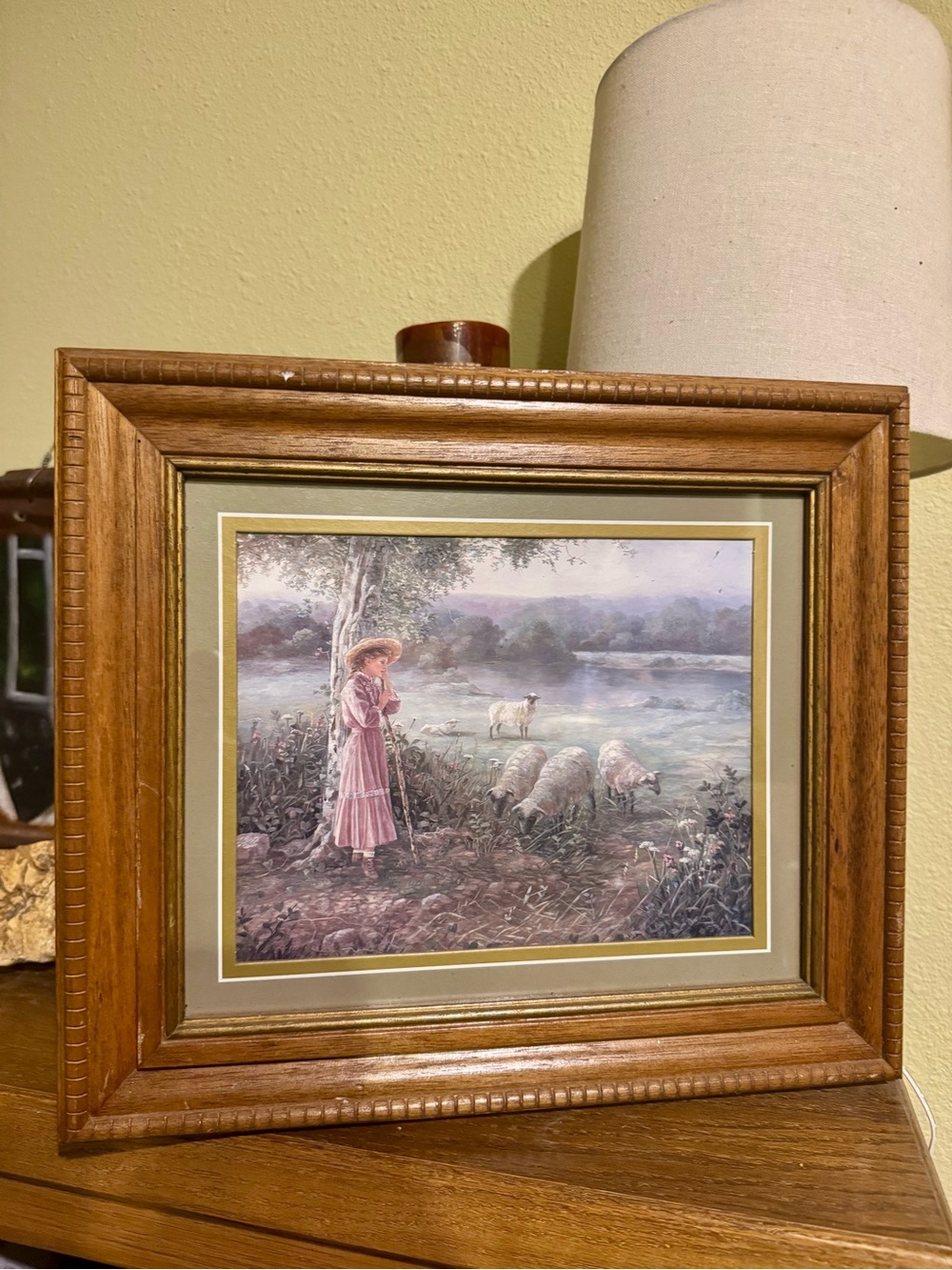 Vintage Framed Print Girl with Sheep